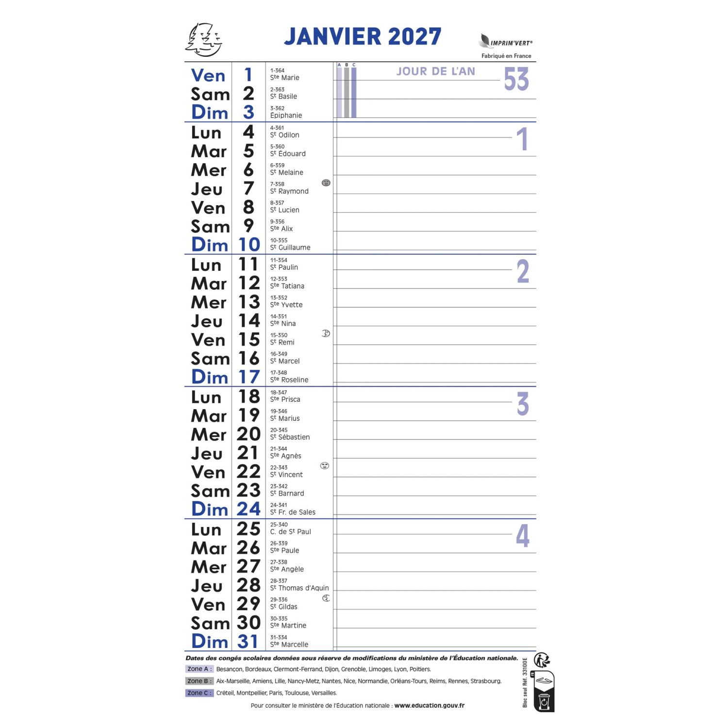Calendrier bloc mensuel avec feuillets détachables sans support 15,5 x 28,5 cm 2027