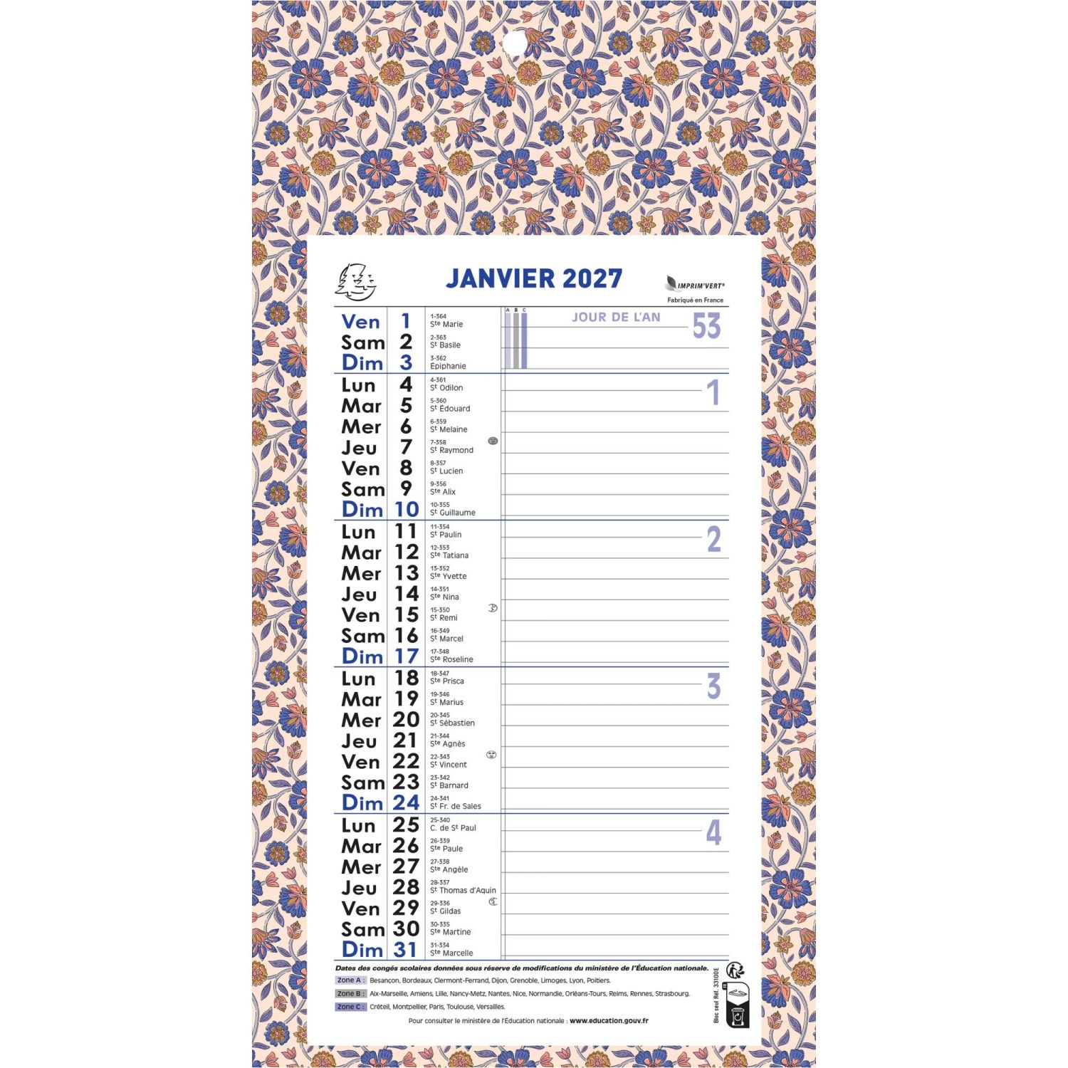 Calendrier mensuel  URBAN  avec feuillets détachables 15,5 x 28,5 cm support plaque imprimée 19 x 41 cm 2027 Color Design
