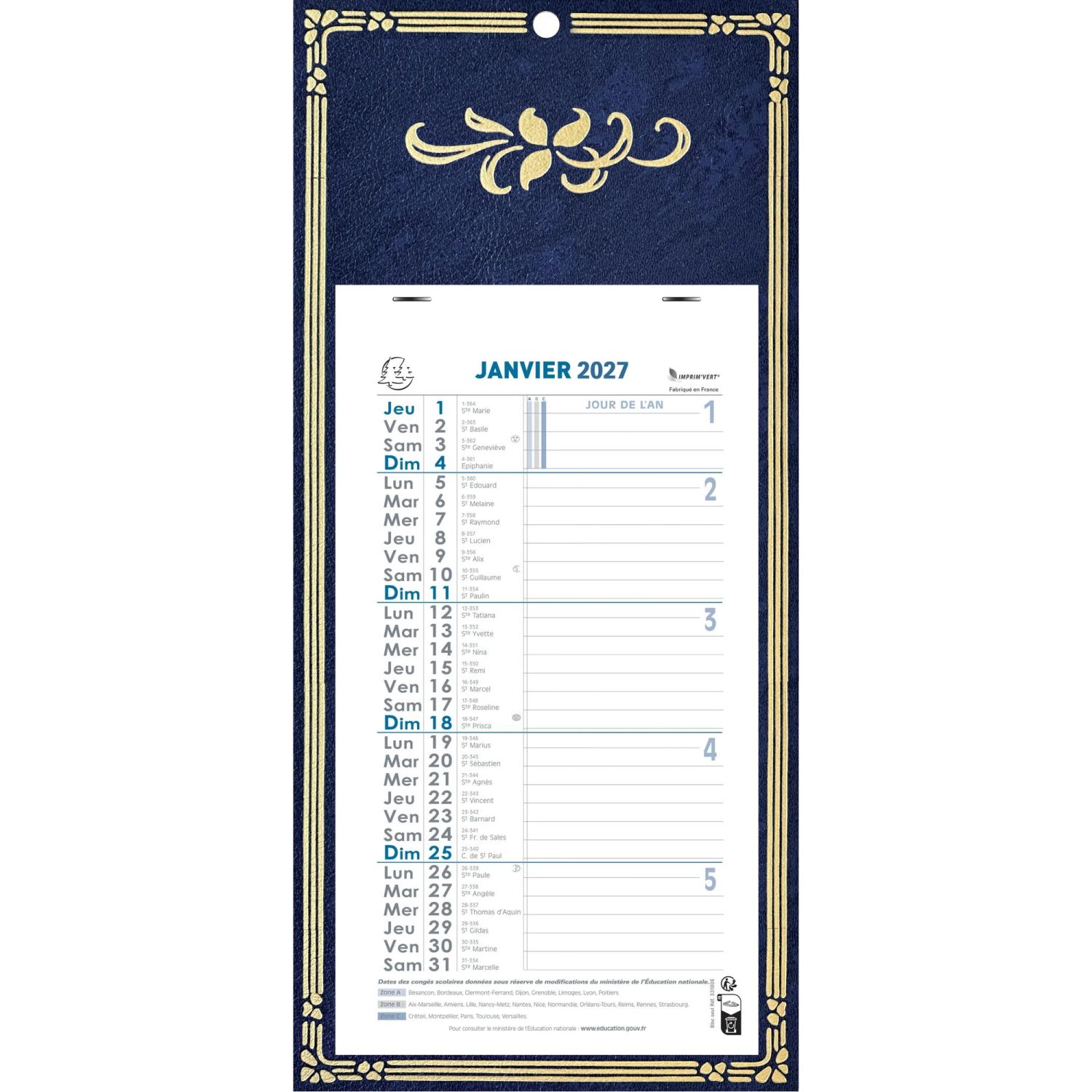 Calendrier mensuel Skytos avec feuillets détachables 15,5 x 28,5 cm sur support plaque imprimée 19 x 41 cm 2027