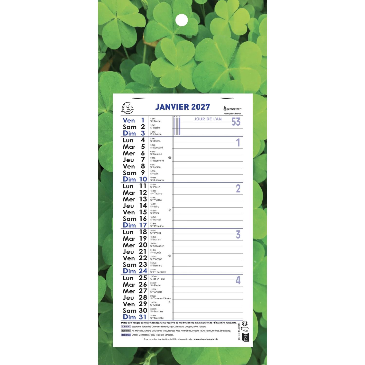 Calendrier mensuel Nature avec feuillets détachables 15,5 x 28,5 cm sur plaque imprimée 19 x 41 cm 2027
