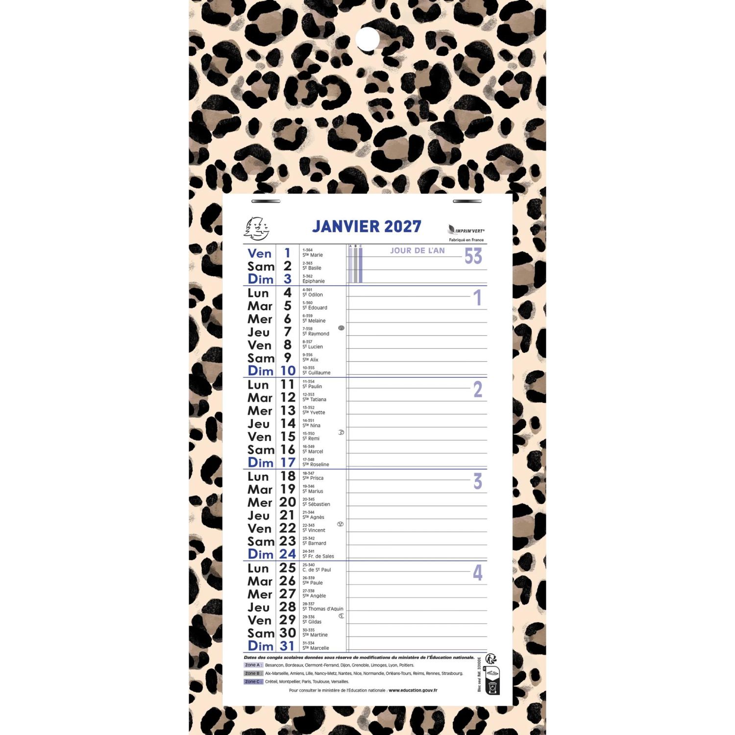 Calendrier mensuel URBAN avec feuillets détachables 13 x 23 cm sur support plaque imprimée 16 x 33 cm 2027 ROAR