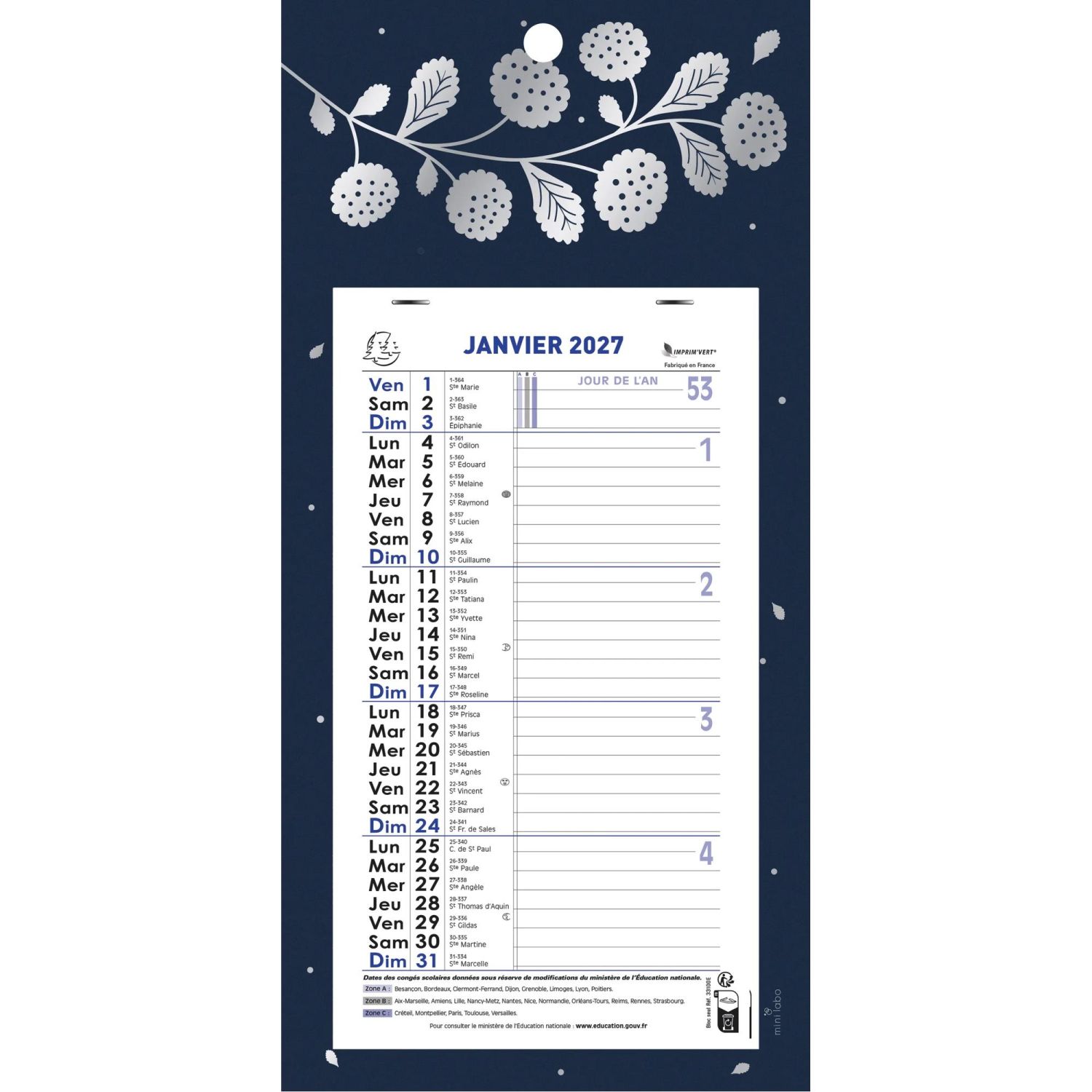 Calendrier mensuel avec feuillets détachables 13 x 23 cm sur carte illustrée Végétal 16 x 33 cm 2027