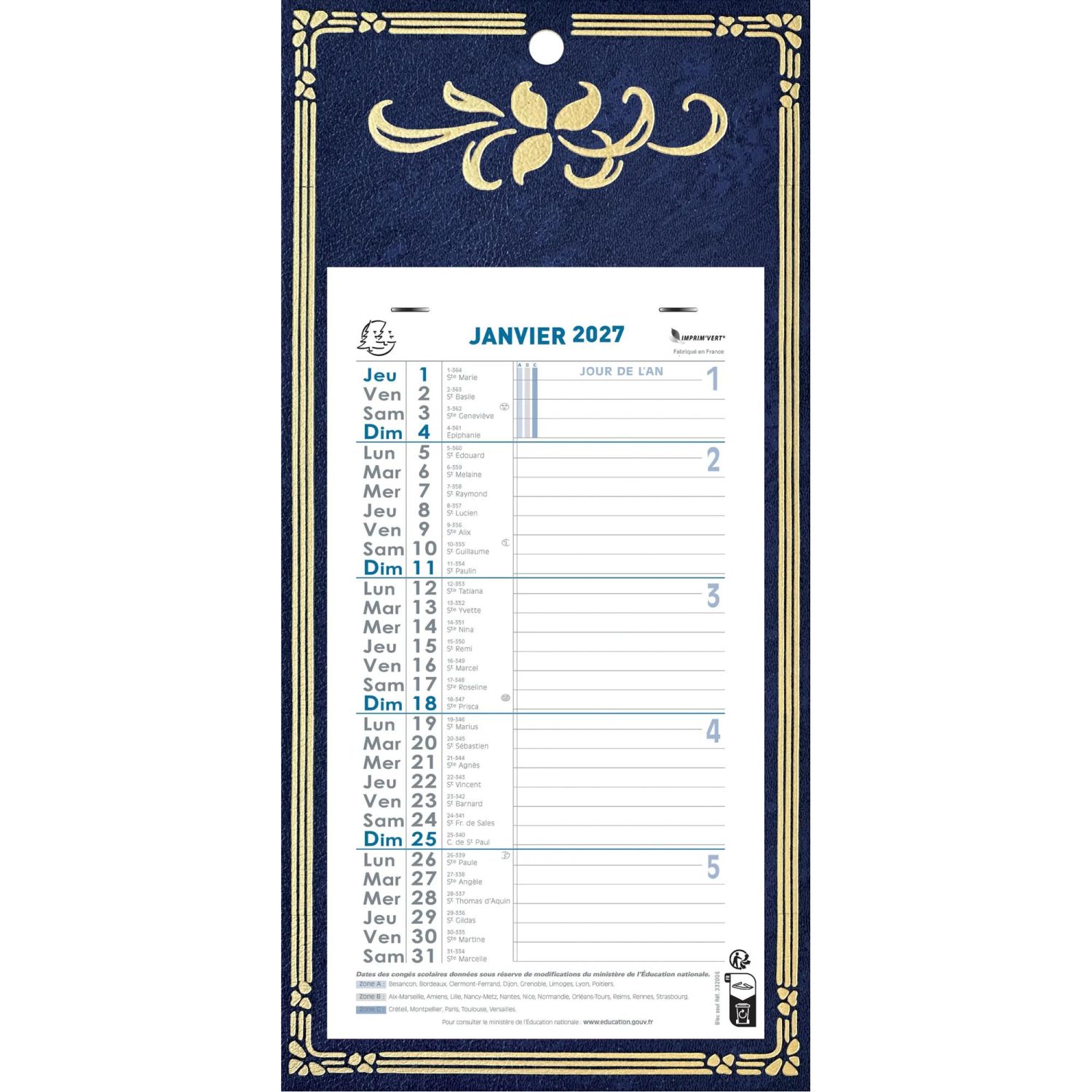 Calendrier mensuel Skytos avec feuillets détachables 13 x 23 cm support plaque imprimée 16 x 33 cm 2027