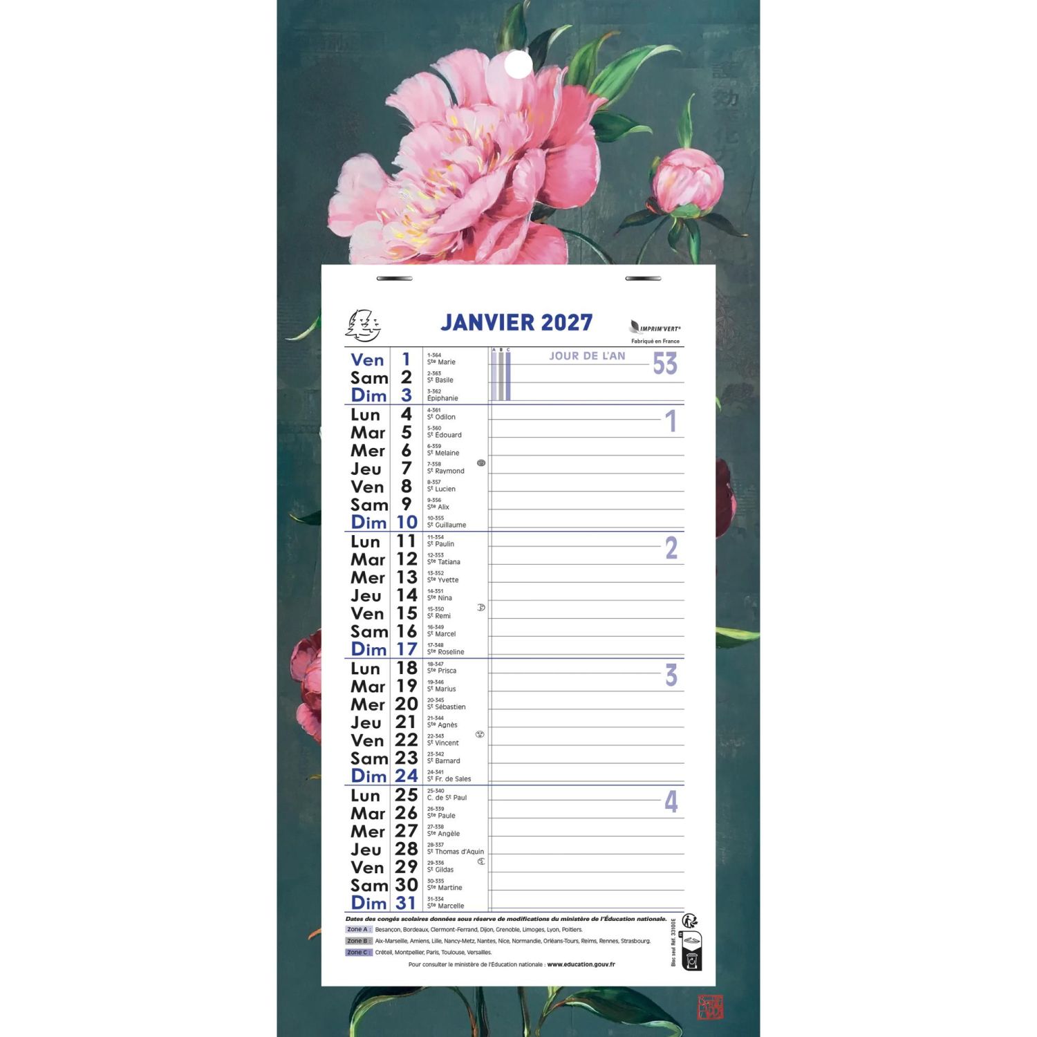 Calendrier mensuel Sophie Adde avec feuillets détachables 13 x 23 cm sur support plaque imprimée 16 x 33 cm 2027 Fleurs