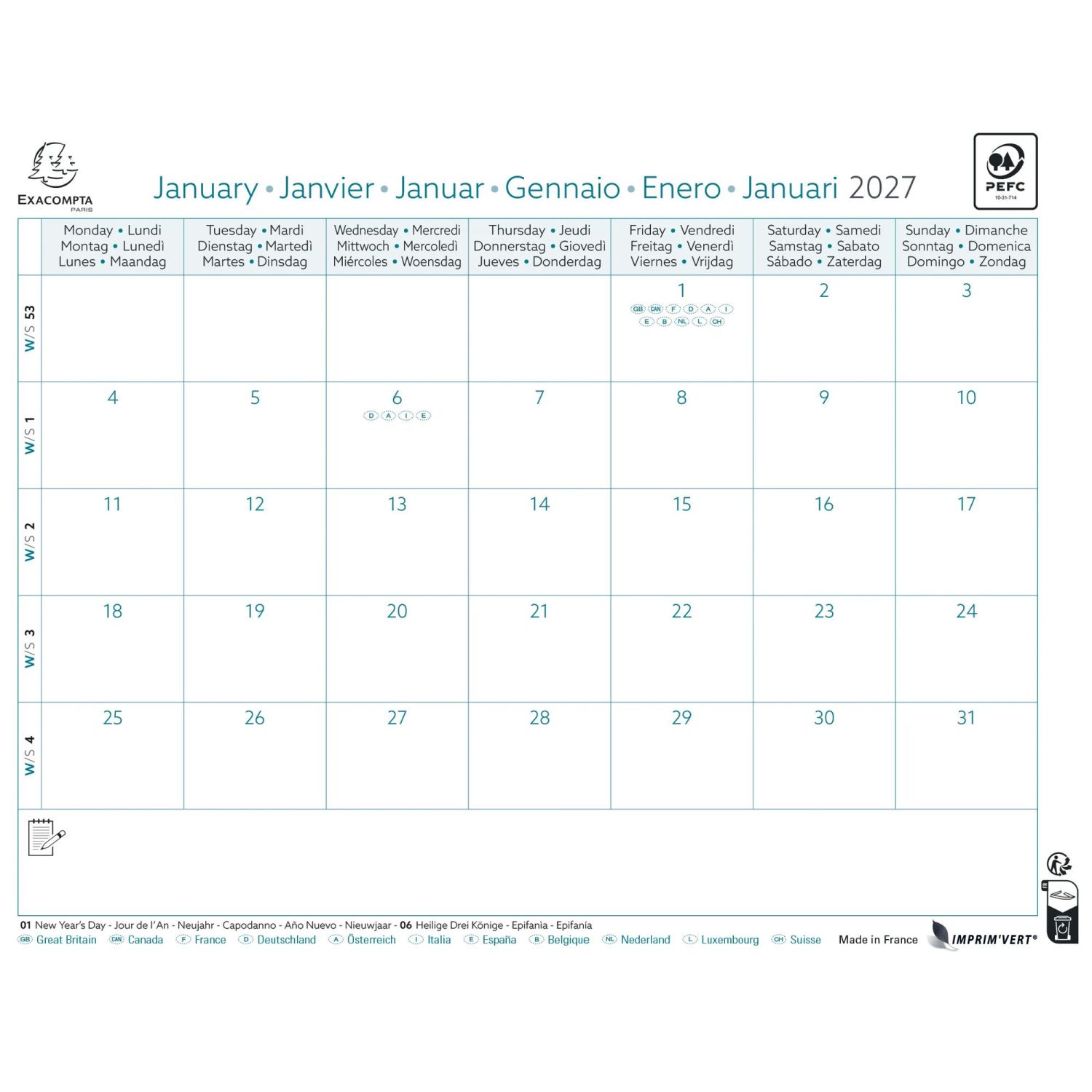 Calendrier Bloc mensuel EasyCal avec feuillets détachables 18 x 24 cm sans support 2027