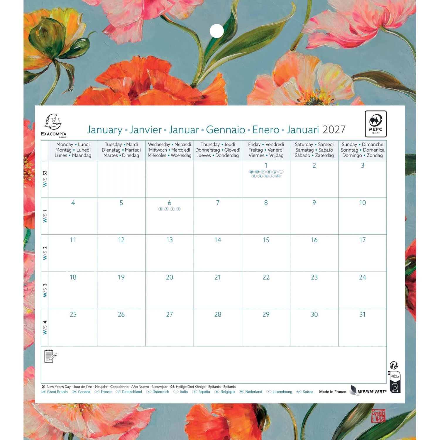 Calendrier mensuel EasyCal Sophie Adde 24 x 18 cm agrafé sur plaque cartonnée imprimée 27,5 x 30,5 cm 2027 Fleurs