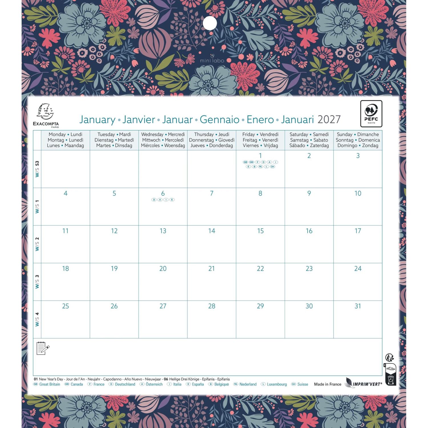Calendrier mensuel EasyCal Mini Labo avec feuillets détachables 24 x 18 cm agrafé sur plaque cartonnée imprimée 27,5 x 30,5 cm 2027