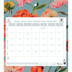 Calendrier mensuel EasyCal Sophie Adde 24 x 18 cm agrafé sur plaque cartonnée imprimée 27,5 x 30,5 cm 2027 Fleurs